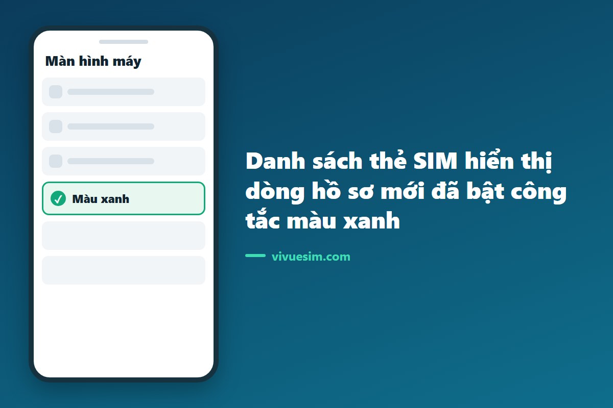 Ảnh chụp m&agrave;n h&igrave;nh danh s&aacute;ch thẻ SIM hiển thị d&ograve;ng hồ sơ mới đ&atilde; bật c&ocirc;ng tắc m&agrave;u xanh