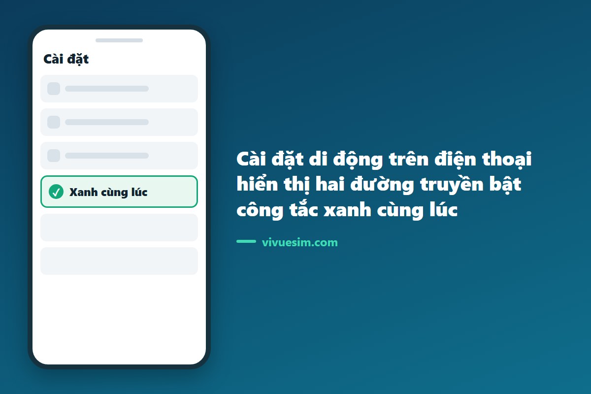 M&agrave;n h&igrave;nh C&agrave;i đặt di động tr&ecirc;n điện thoại hiển thị hai đường truyền bật c&ocirc;ng tắc xanh c&ugrave;ng l&uacute;c