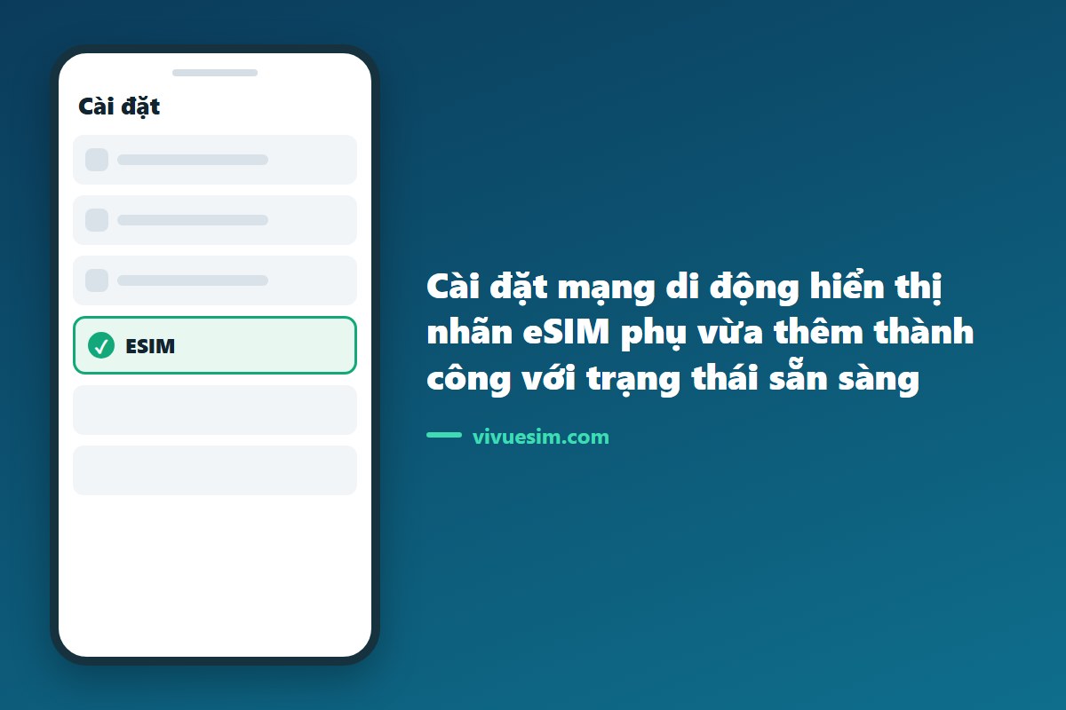 m&agrave;n h&igrave;nh c&agrave;i đặt mạng di động hiển thị nh&atilde;n eSIM phụ vừa th&ecirc;m th&agrave;nh c&ocirc;ng với trạng th&aacute;i sẵn s&agrave;ng