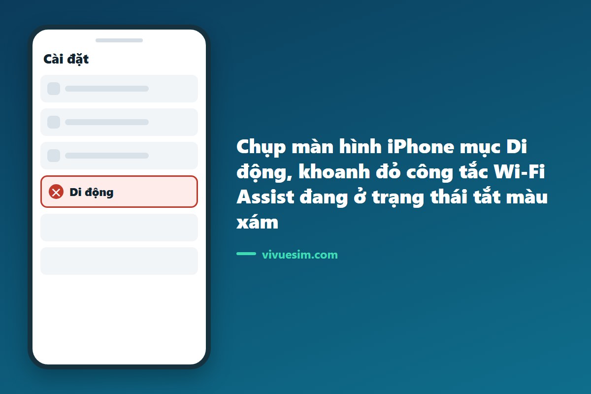 Chụp m&agrave;n h&igrave;nh iPhone mục Di động, khoanh đỏ c&ocirc;ng tắc Wi-Fi Assist đang ở trạng th&aacute;i tắt m&agrave;u x&aacute;m