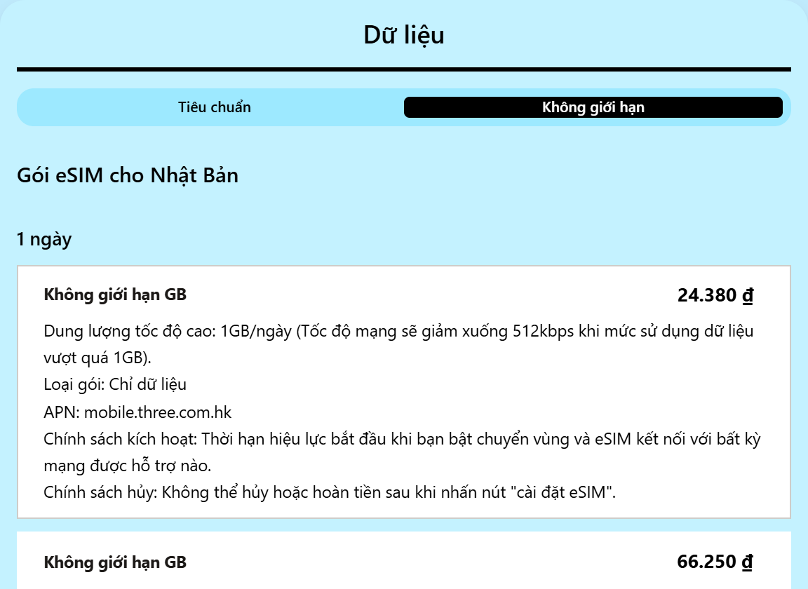 gói eSIM Nhật Bản không giới hạn dung lượng ghi rõ ngưỡng tốc độ cao 1GB mỗi ngày và tốc độ 512kbps sau khi vượt