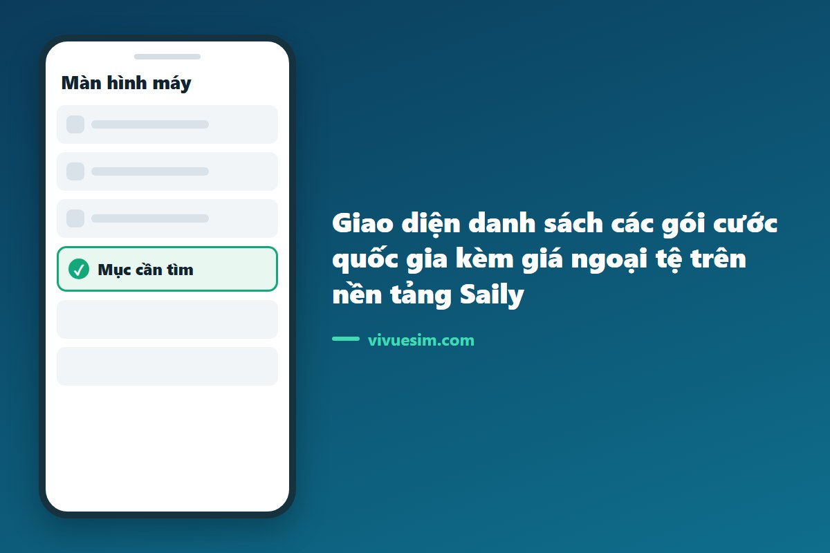 Ảnh chụp màn hình giao diện danh sách các gói cước quốc gia kèm giá ngoại tệ trên nền tảng Saily